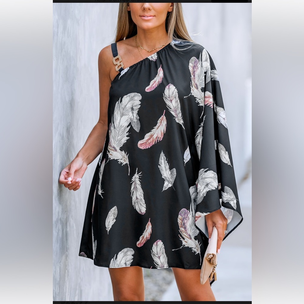 NWT Black One-Shoulder Dress with Feather Design